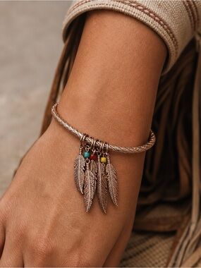 Handcrafted Boho Rose Gold Tone Feather Charm Bangle Bracelet